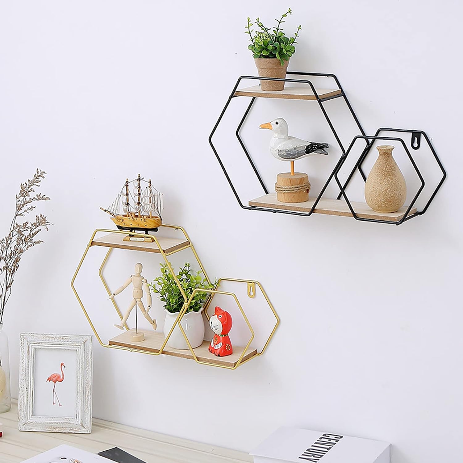 Double Layer Hexagonal Wall Floating Shelf, Nordic Style Hexagon Wall Shelf, Wall Mounted Rack for Books