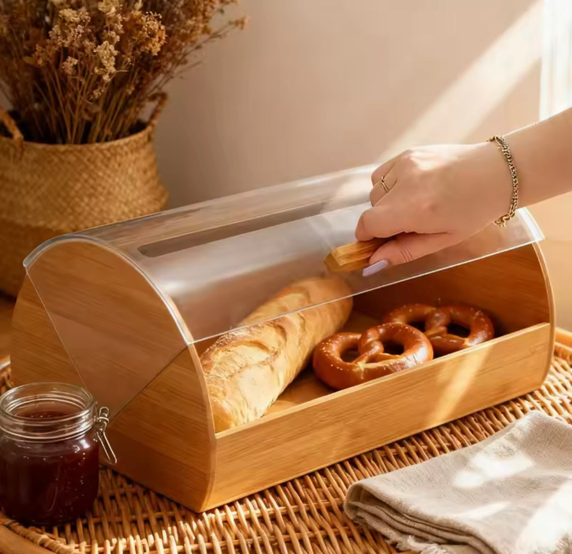 Bamboo Pastry Storage Box With Transparent Cover, Countertop Cookies Muffins Box, Bread Storage Organizer, Bamboos Bread Organizers Box With Clear Lid