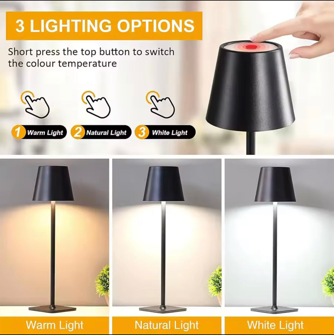 Metallic Touch Control LED Lamp, Rechargeable Luxury Style Lamp, 3 Modes LED Lamp