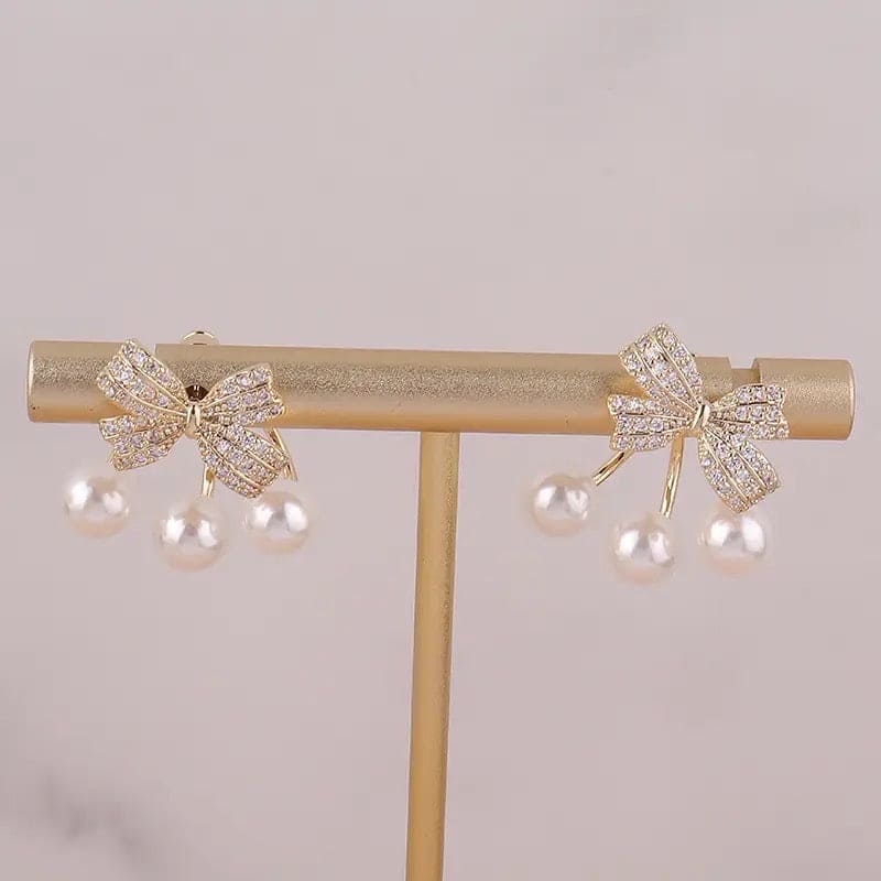 Bowknot Pearl Stud Earrings For Women, Bowknot Ear Jacket Earrings, Simulated Pearl Drop Earrings, Vintage Wedding Earrings