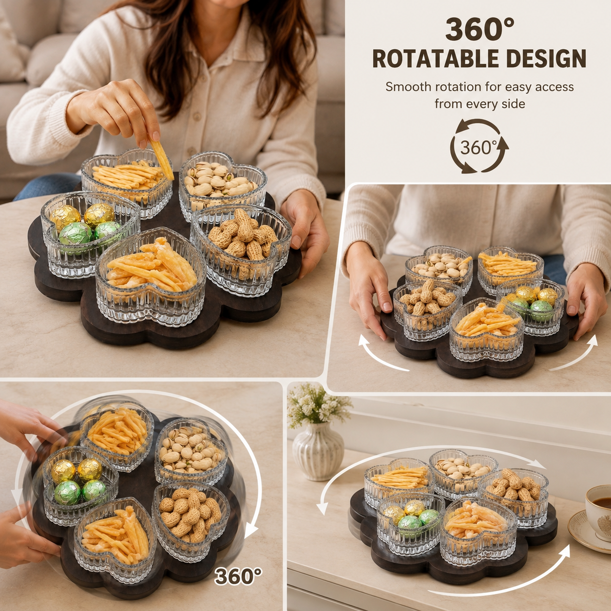 Rotatable 6pcs Heart Shaped Glass Snack Bowl Set, Luxury Ribbed Heart Glass Serving Bowls, Crystal Heart Glass Snack Bowl Set