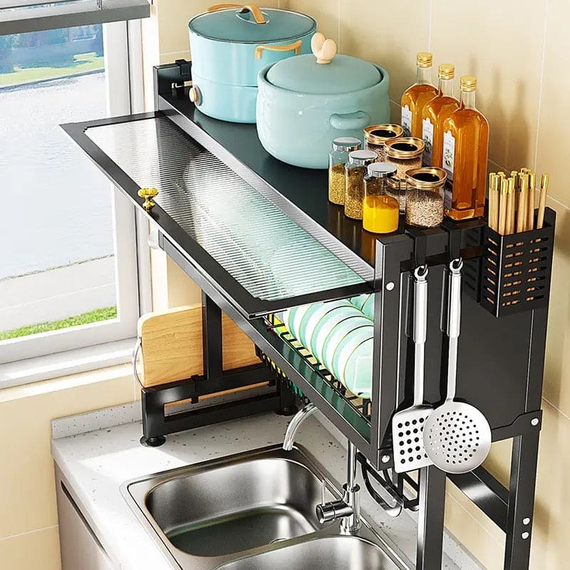 Multifunctional Flip Kitchen Dish Rack, Over Sink Countertop Kitchen Storage Shelf, Metal Cabinet Door Crockery Shelf, Expandable Sink Drainer Drying Rack with Door, Telescoping Dish Storage Rack