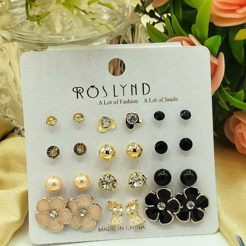 Set Of 12 Fashion Ear Tops, Women Girls Resin Diamante Stud Earrings Set, Multi Pairs Pack Studs, Girl Women Ear Jewellery Accessories