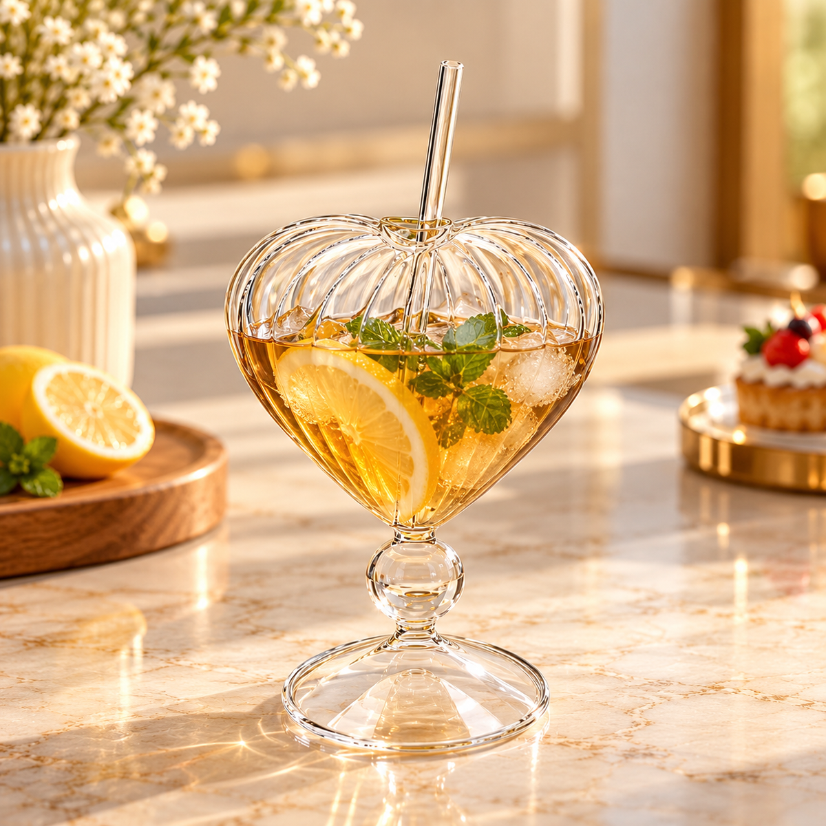 Heart Shaped Ribbed Glass Mug with Straw, Aesthetic Glass Drinking Goblet with Straw, 3D Heart Shaped Glass Drink ware, Transparent Heart Glass Cup with Straw