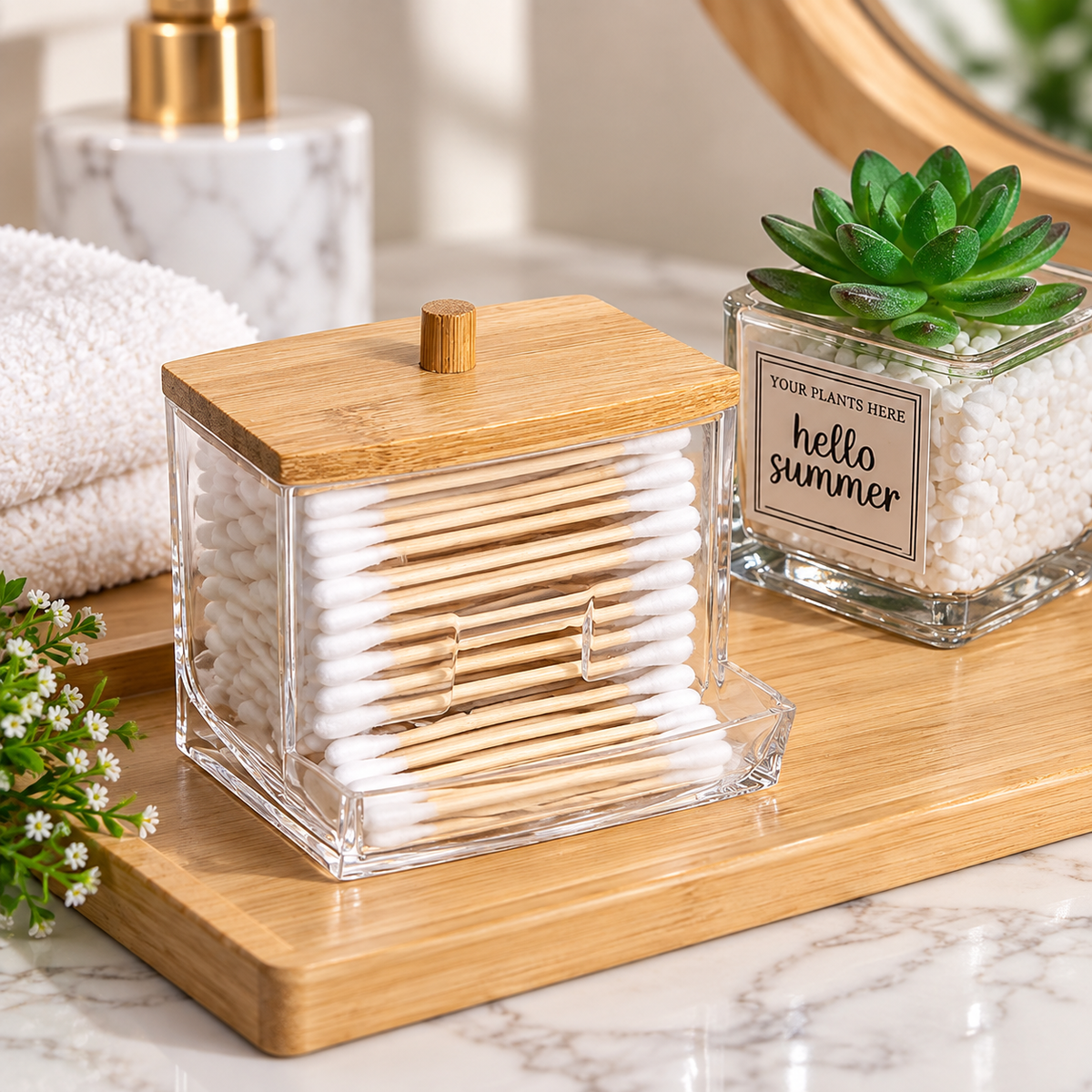 Acrylic Cotton Swab Holder with Bamboo Lid, Transparent Cotton Swab Dispenser, Decorative Cotton Bud Storage Container