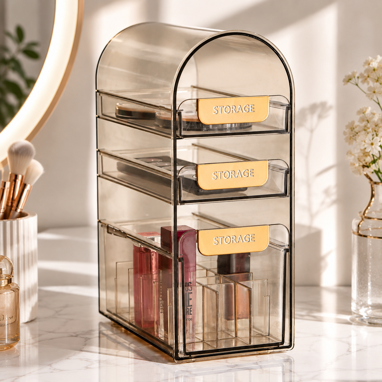 Acrylic Makeup Organizer with 3 Drawers, Transparent Cosmetic Storage Box With Lipstick Holder, Multi Layer Makeup Organizer Cosmetics & Skincare