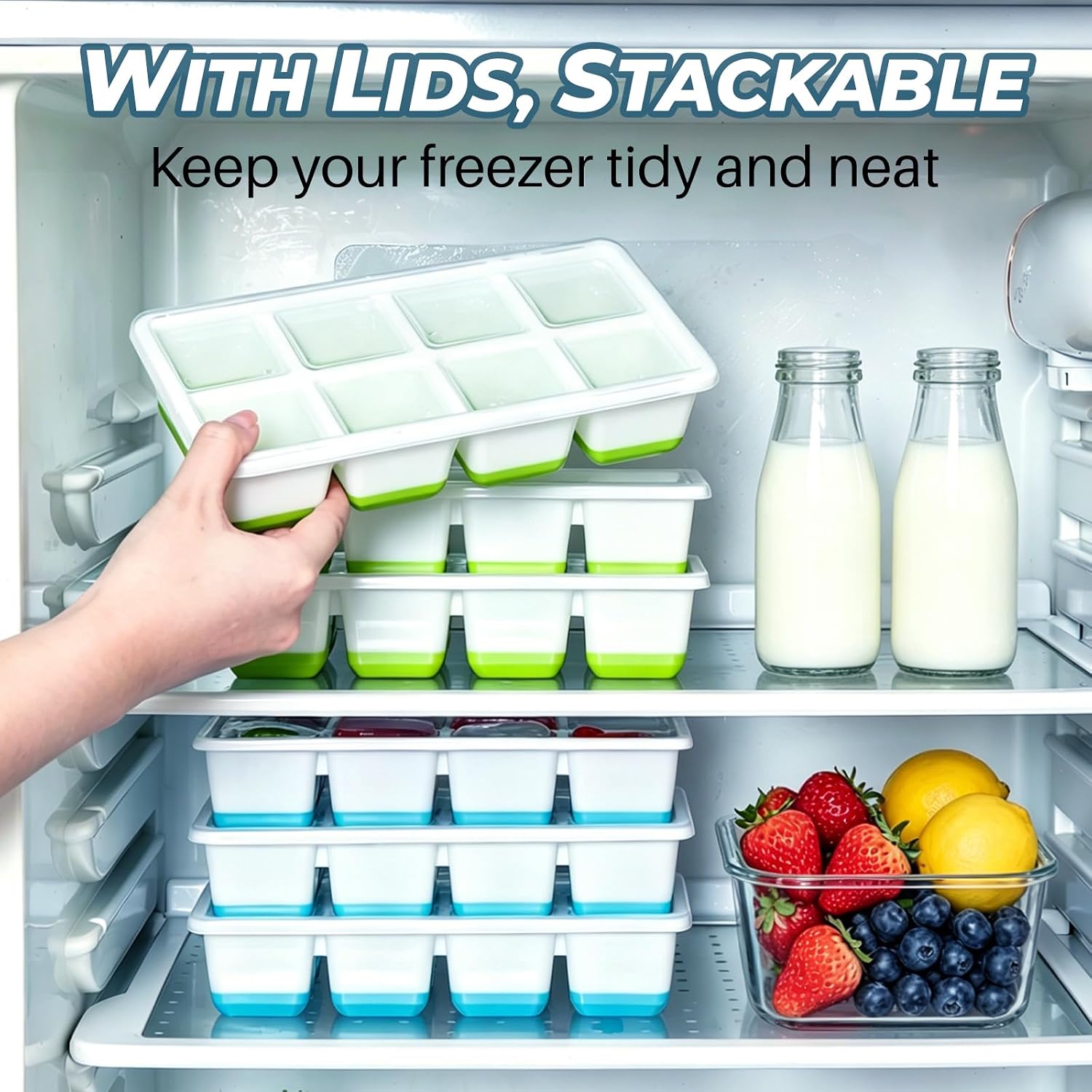 Stackable Silicone Ice Cube Tray with Lid, Ice Cube Tray with Protective Lid, Reusable Ice Cube Making Tray
