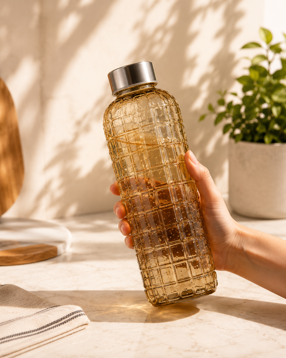 Elegant Grid Design Glass Water Bottle, Glass Water Bottle With Metal Cap, Luxury Embossed Glass Water Bottle, Aesthetic Grid Pattern Glass Bottle