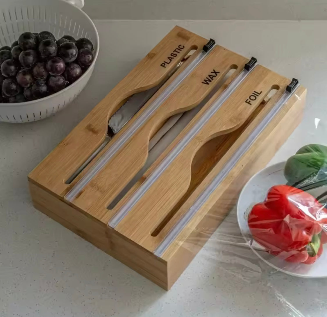 Wall Mounted Bamboo Foil Cling Film Cutter, Foil Dispenser With Cutter, Kitchen Wrap Dispenser, Kitchen Organization, Bamboo Plastic Film Cutter, Wall Film Dispenser