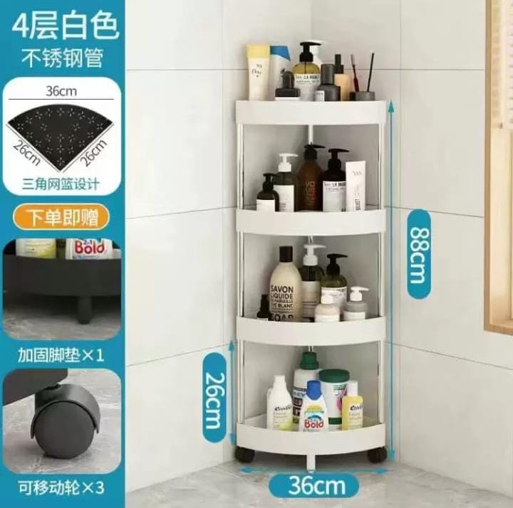 4 Tier Storage Bathroom Trolley, Rolling Cart Tier Storage Rack, Bathroom Corner Triangle Shelf, Floor Standing Storage Racks