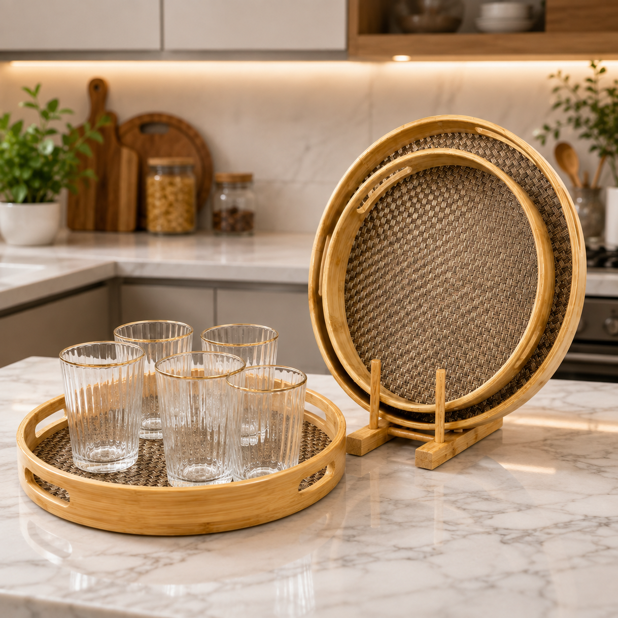 Set Of 3 Premium Rattan Bamboo Tray, Bamboo Woven Serving Tray Set, Handcrafted Bamboo Beverage Tray Set