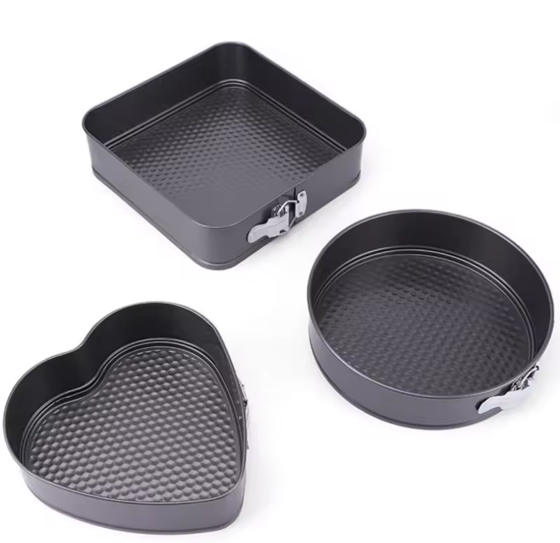 Set Of 3 Carbon Steel Cake Molds, Round Heart Square Cake Pan Set, Non Stick Metal Baking Accessories, Cake Decorations Tools