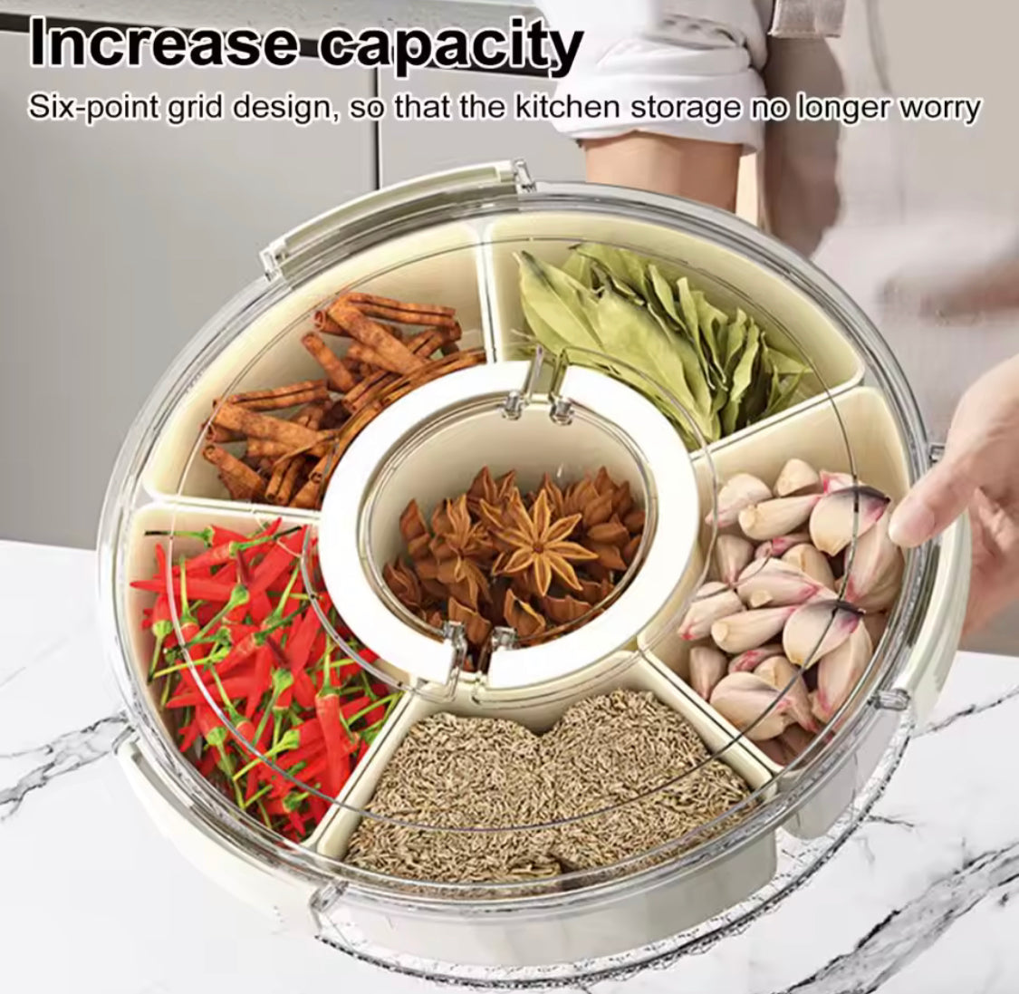 360 Degree Rotating Snacks Storage Box, 6 Compartments Fod Storage Box, Multifunctional Seasoning Spice Organizer