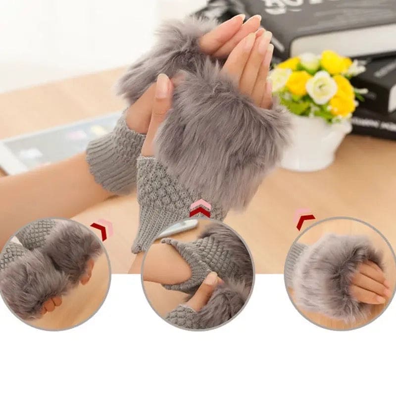 Fingerless Winter Gloves, Rabbit Fur Mitten Gloves, Faux Fur Fluffy Winter Gloves, Woolen Crochet Knitted Wrist Warmer Glove, Winter Half Finger Gloves, Warmer Stylish Gloves