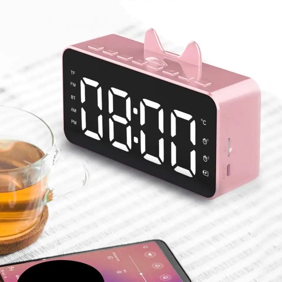 Cat Ear Alarm Clock, Speaker Wireless Mirror Digital Display Smart Sound Box, TF FM Radio Mobile Phone Stand Sound Bar, Multifunction Alarm Radio Desk Clock, Cute Wireless Bluetooth Speaker Clock