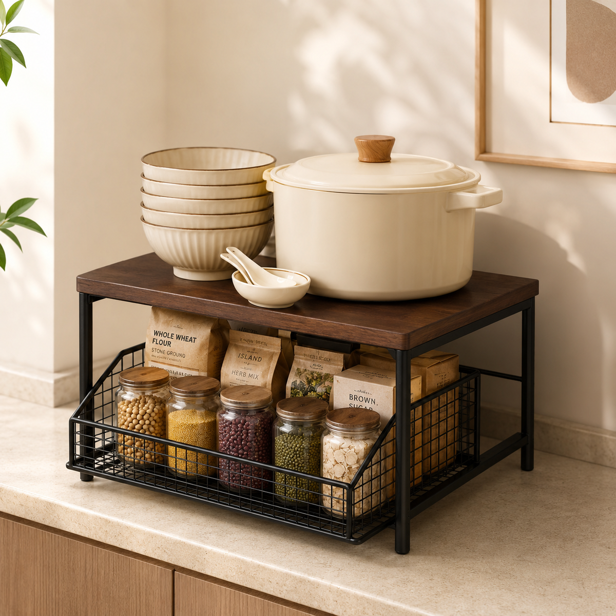 Countertop Pull Out Sliding Drawer Basket, Sliding Kitchen Counter Organizer, Kitchen Appliances And Spice Storage Rack