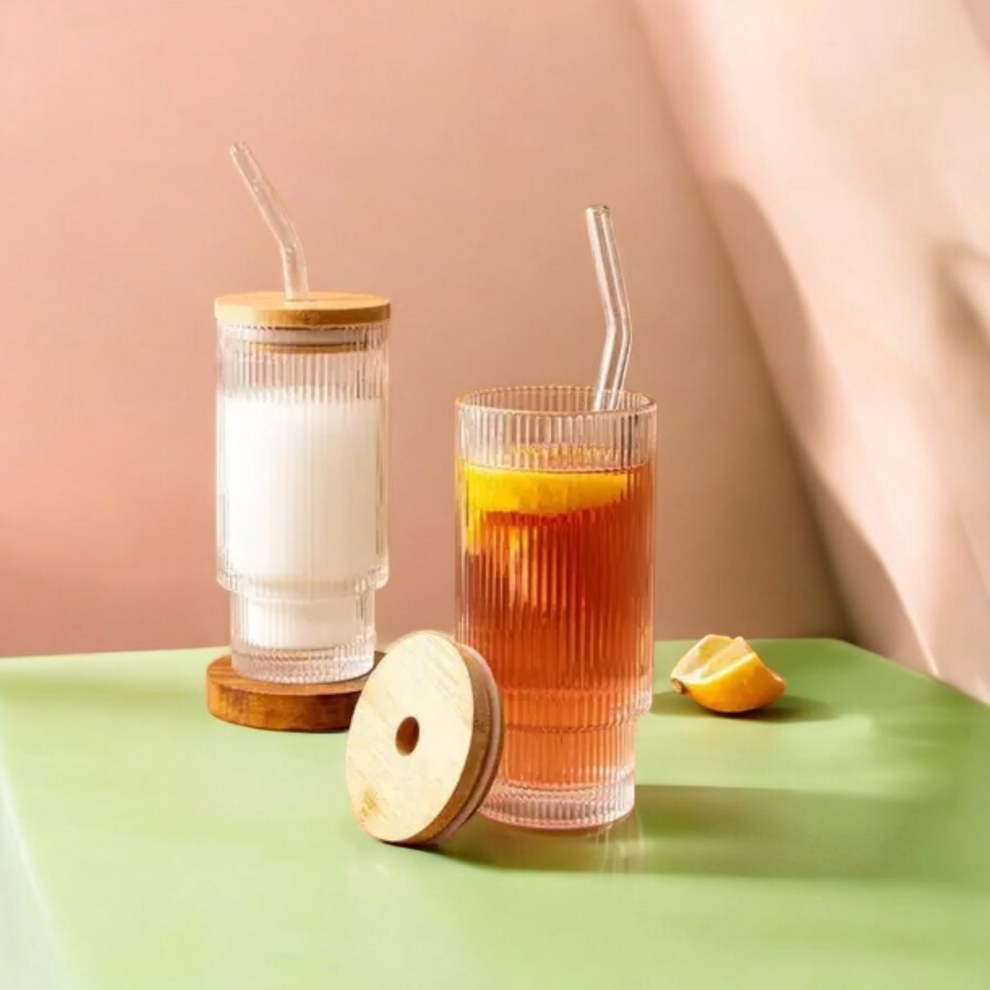 Transparent Stripe Glass Cup With Bamboo Lid, Stackable Coffee Glass Cup, Reusable Smoothie Drinking Glass With Straw