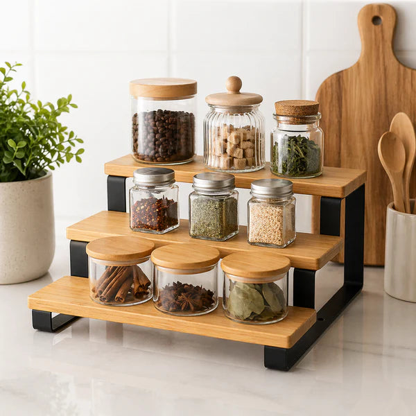 3 Step Bamboo Seasoning Organizer Shelf, Spice Storage Holder, Wooden Display Spice Rack Stand, Kitchen Gadgets