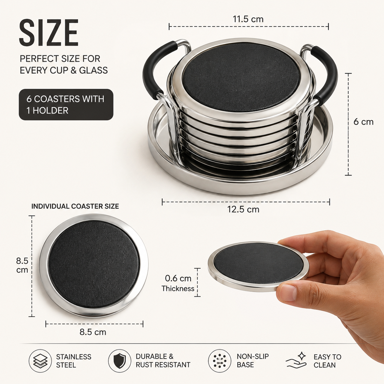 Stainless Steel Cup Coaster Set, 
Elegant Round Beverage Coaster Set, Premium Metal Drink Coaster Set with Organizer Stand