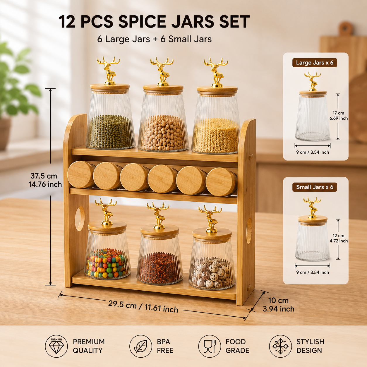 12pcs Wooden Spice Jar Organizer, Decorative Glass Canister Set, Luxury Wooden Spice Rack, Nordic Deer Spice Organizer