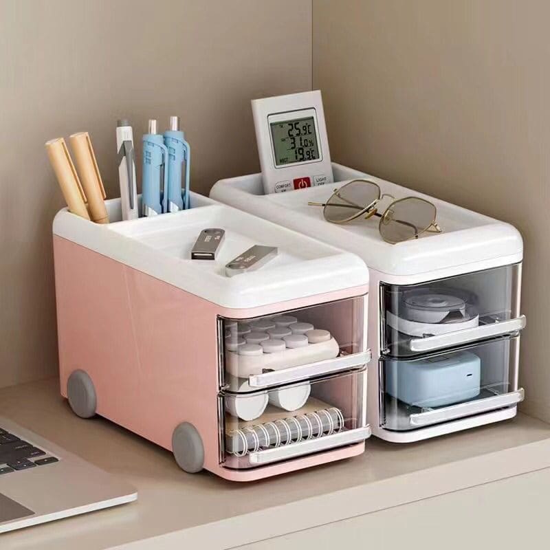 Cute Bus Style Desktop Organizer, 2 Layer Pull Out Clear Drawer Box, Multifunctional Supplies Stationery Pencil Container, Large Capacity Visible Storage Organizer, Dresser And Home Sundries Storage Holder