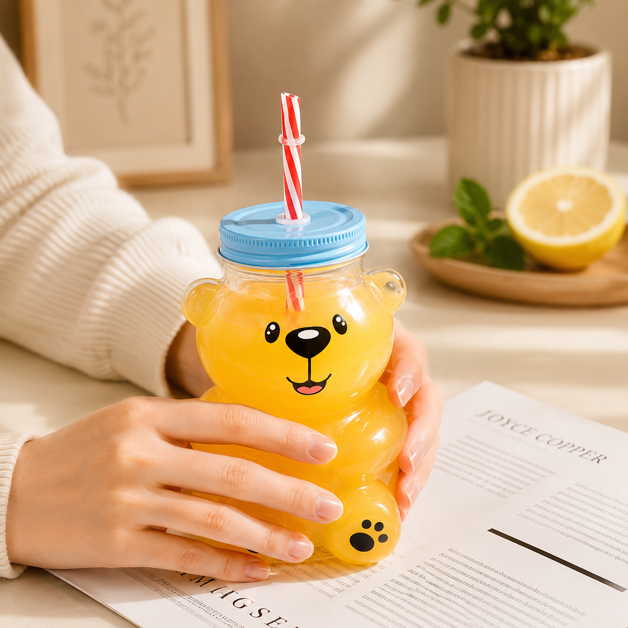 Kawaii Bear Beverage Cup, Plastic Bear Mason Jar Tumbler, Honey Bear Coffee Tumbler, Bear Water Cup With Straw