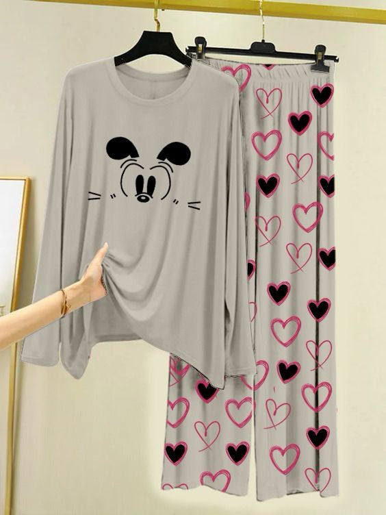 Printed Night Suit With Trouser, Sleep Wear Comfy Dress For Women, Cute Cartoon design Shirts And Heart Print Trouser