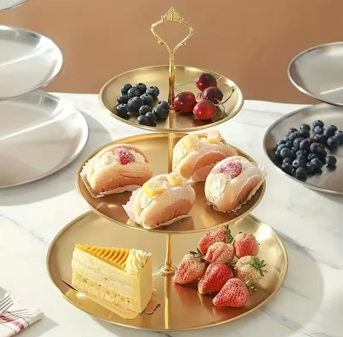 Three Layer Stainless Steel Cake Display Stand, Luxury Gold Dessert Display Stand, Multi Layer Serving Tray, Serving Platter Stand, Elegant Gold Cake Stand with 3 Decorative Serving Trays
