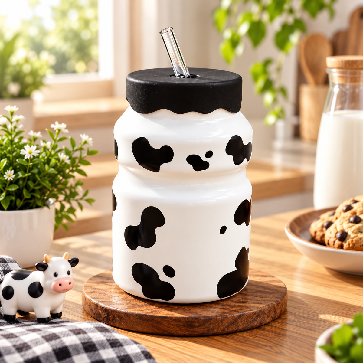 Korean Style Cow Pattern Ceramic Tumbler with Straw, Adorable Cow Print Water Bottle, 400ml Cow Print Drinking Cup