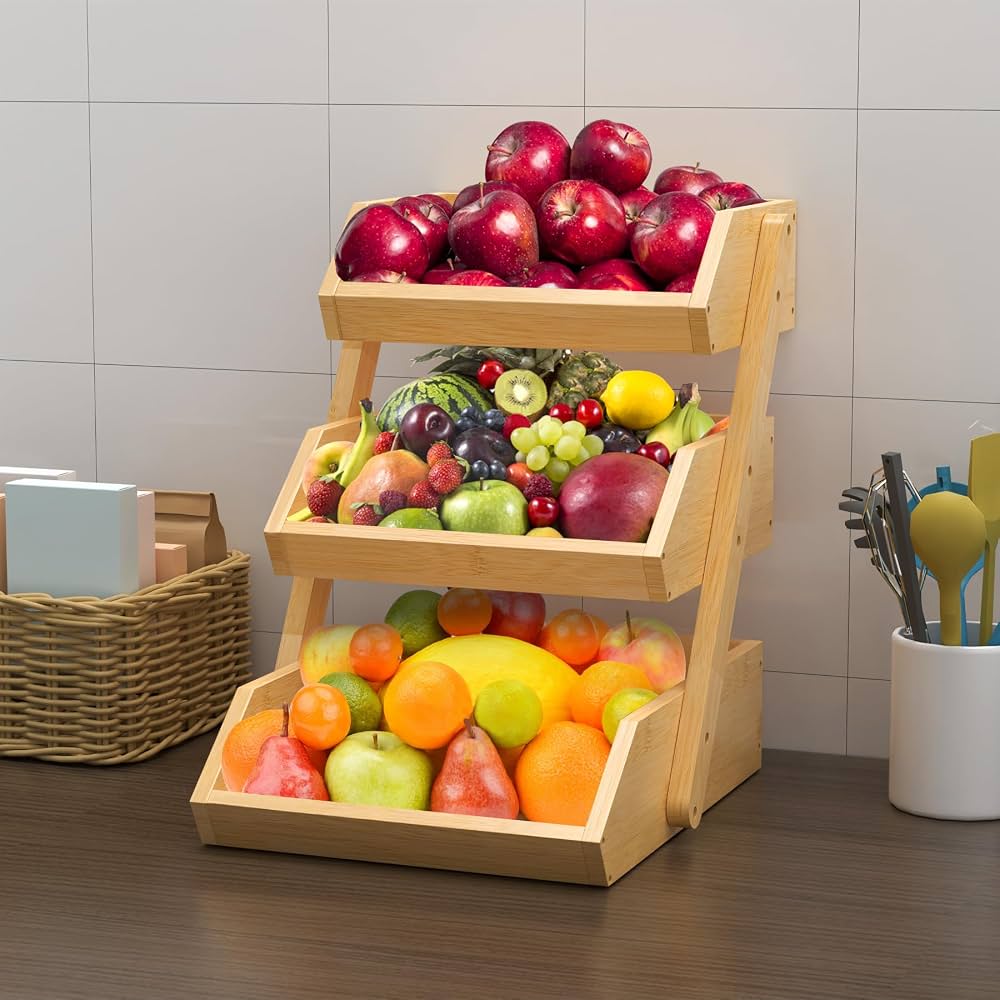 3 Tier Bamboo Fruit and Vegetable Organizer, Wooden Kitchen Storage Basket Stand, Wooden Fruit and Vegetable Display Stand, Countertop Fruit and Vegetable Holder
