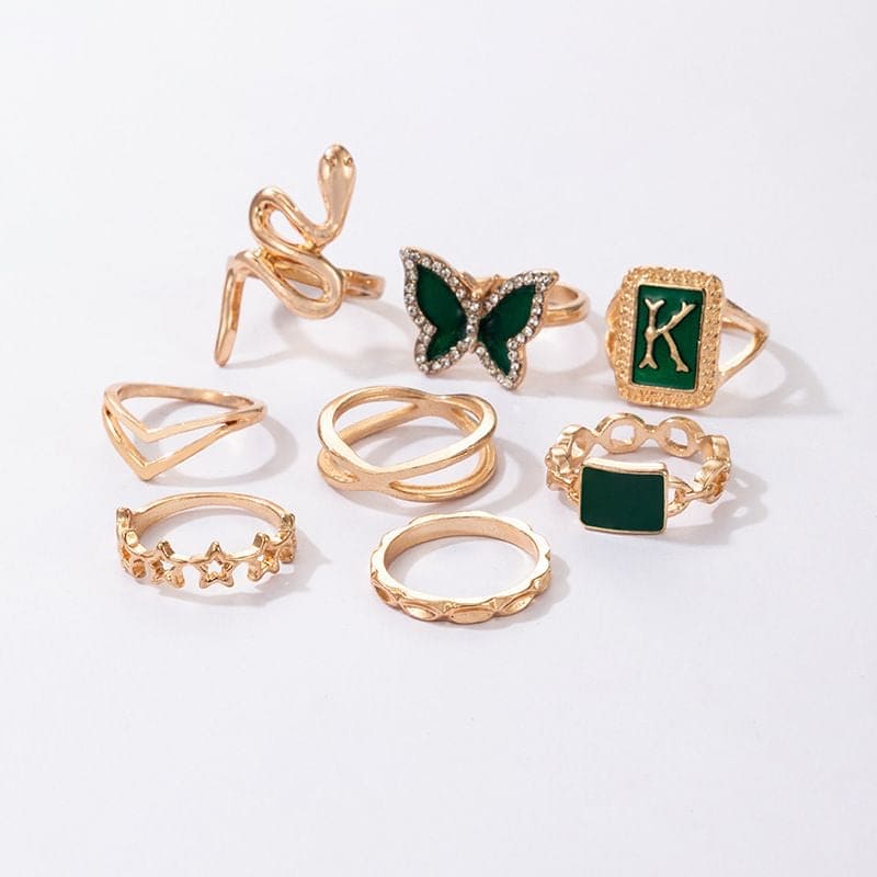 Set Of 8 K Snake Rings, Multi Element Geometric Ring Jewellery, Snake & Butterfly Decor Ring, Green K Letter Snake Butterfly Pentagram Ring For Women