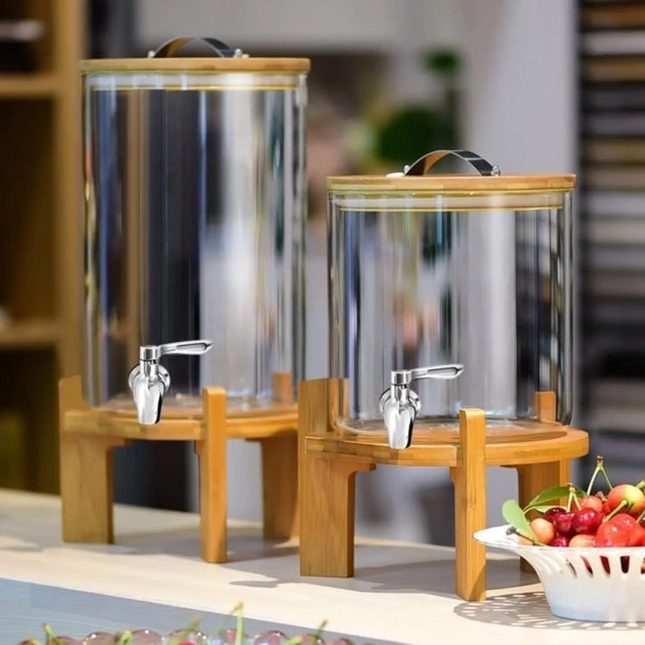 Glass Beverage Dispenser With Wooden Lid, Elegant Juice Dispenser, Tabletop Beverage And Water Dispenser