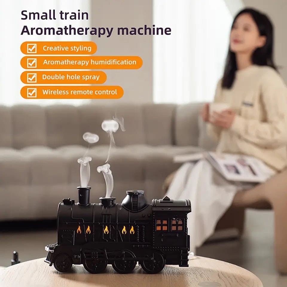 Black Train Diffuser, Train Steam Humidifier, Ultrasonic Cool Mist Air Humidifier, Fragrance Essential Oil Aroma Diffuser, Creative RC Air Freshener with LED Lamp, Circle Dispensing Essential Oil Perfume Machine