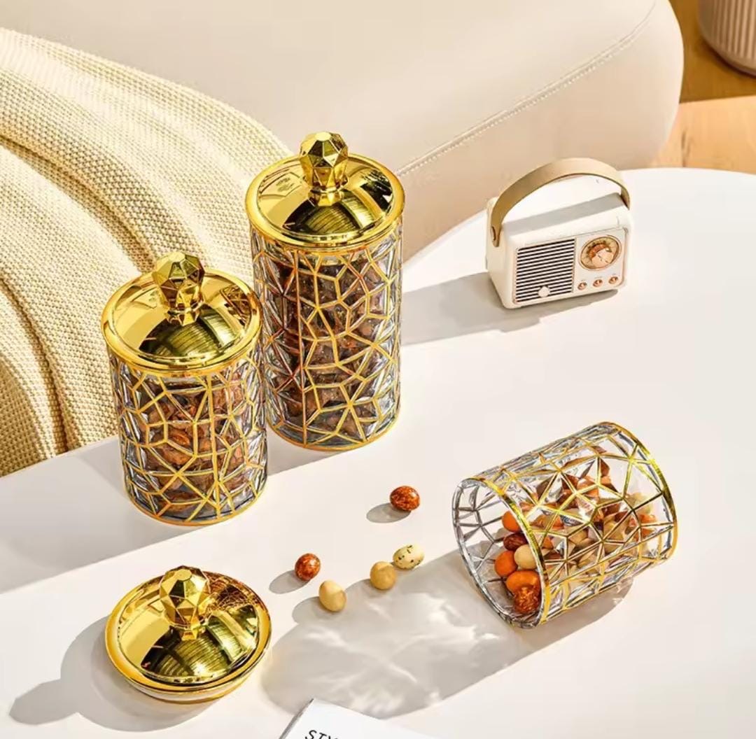 Set Of 3 Transparent Sealed Jar With Golden Lid, Dried Fruit Storage Jar, Multifunctional Storage Container, Airtight Lid Storage Container