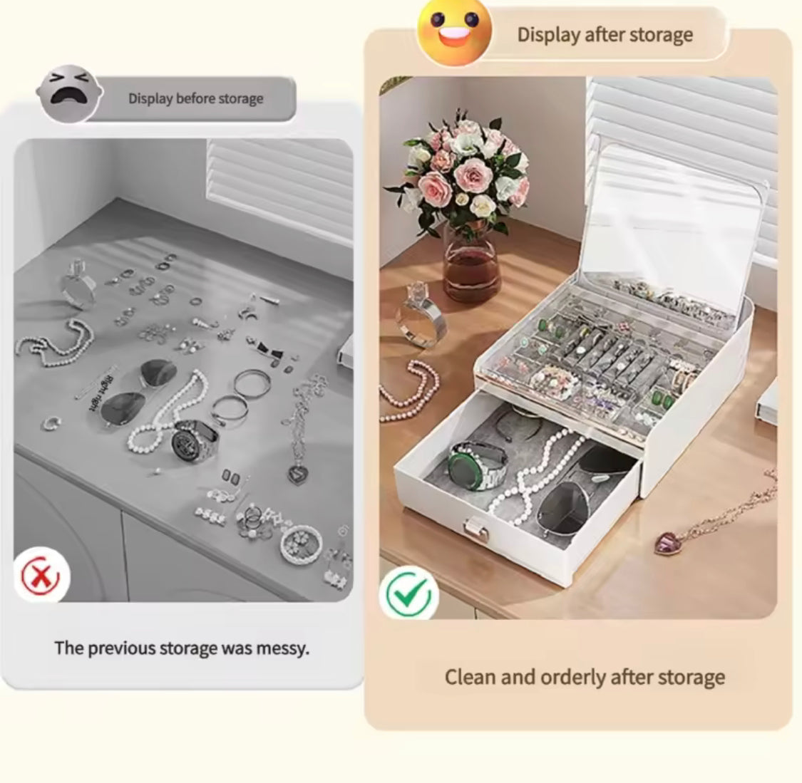 Multi Compartment Jewelry Storage Box with Mirror, Vanity Jewelry Organizer with Drawer & Mirror, Double Layer Jewelry Storage Box