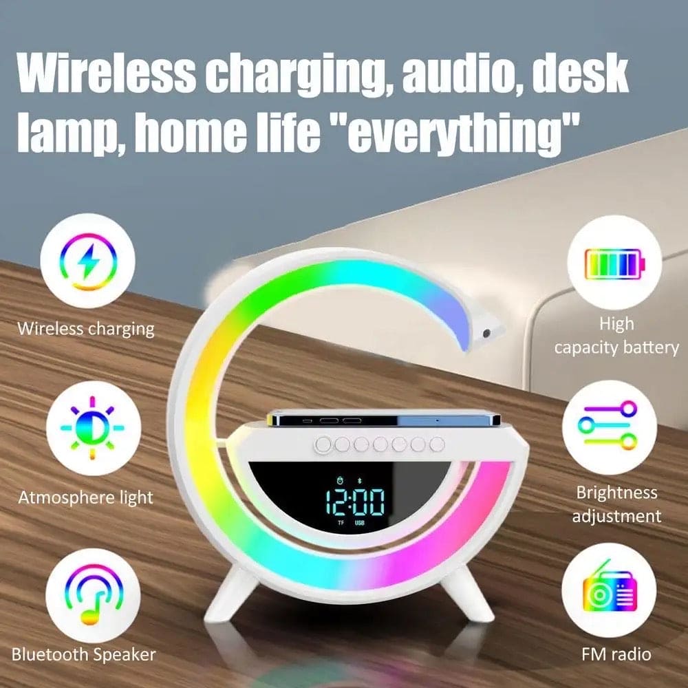 G Lamp Speaker With Digital Clock, RGB Multifunction Wireless Charger Alarm Clock Speaker, Home Decor Smart Lamp, Atmosphere Nightlight Bluetooth Stereo Clock Desktop Speaker, G Type Table Night Light