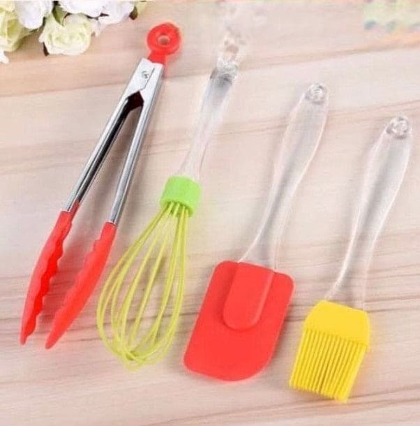 Set Of 4 Silicon Utensil Set, Kitchen Baking Cooking Tool Set, Spatula Scraper Pastry Brush Food Tong Whisk Set, Transparent Handle Silicon Cream Tong, Scrapers And Brush, 4 In 1 Silicone Kitchenware Set