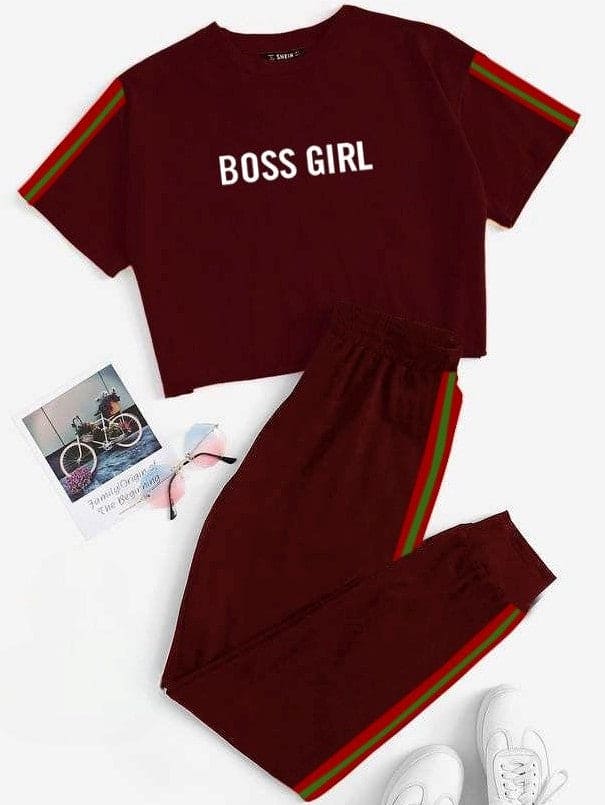 Boss Girl Strip Crop Track Suit, Comfortable Pant Sportive Track Suit, Women's Soft Sports