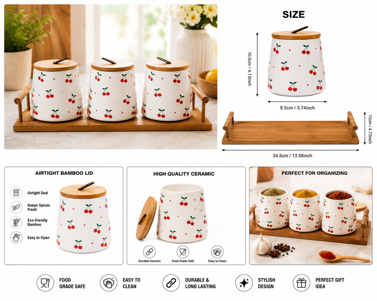Ceramic Canister Set with Wooden Lid And Tray, Vintage Cherry Dot Canister Set, Ceramic Cherry Canister with Bamboo Lid