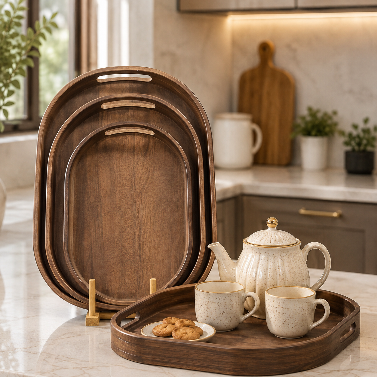 3pcs Dark Wood Serving Tray Set, Wooden Tea Serving Tray Set, Heritage Style Wooden Serving Tray Set, Luxury Brown Wood Breakfast Tray Set