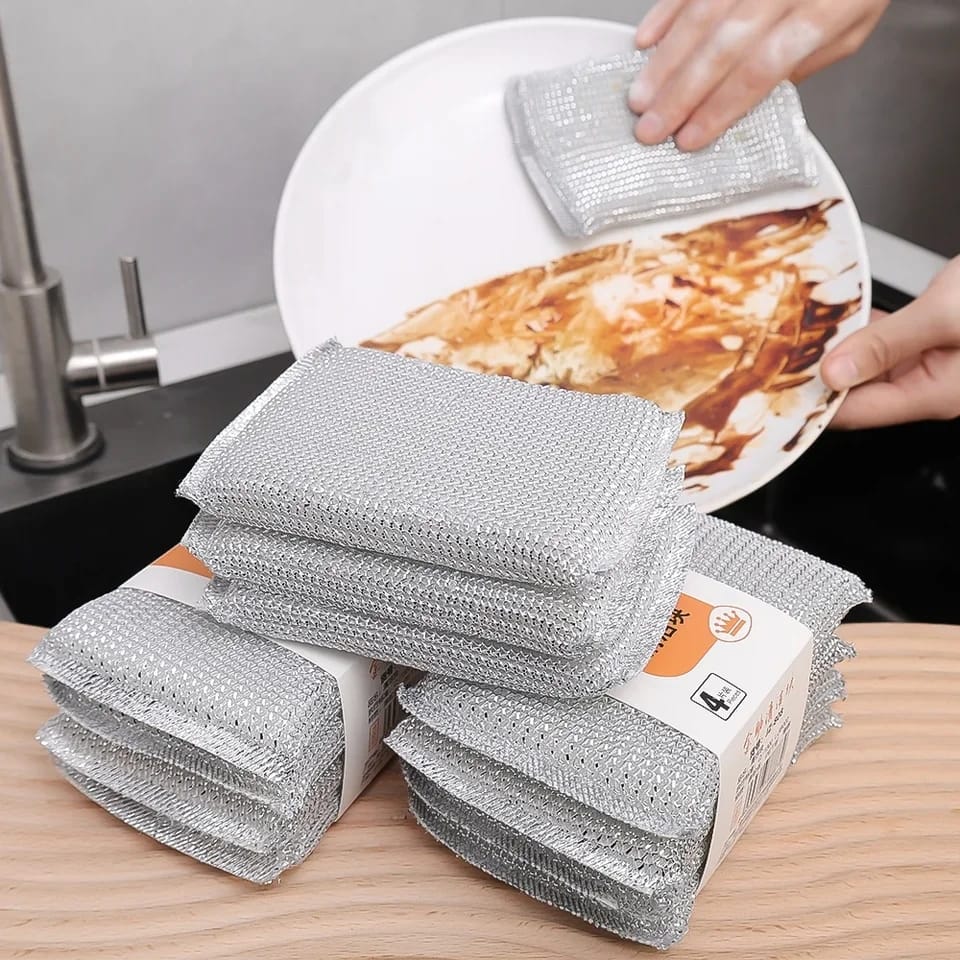 Pack Of 4 Steel Wire Dishwashing Sponge, Double Sided Cleaning Sponge, Non Stick Oil Kitchen Dishcloth