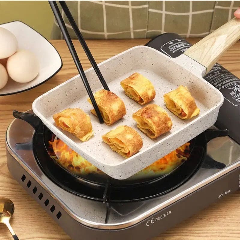 Square Ceramic Frying Pan, Durable Stone Frying Pan, Wooden Handle Square Frying Pan, Omelette Non Stick Fry Egg Kitchen Breakfast Maker, Square Thick Frying Tool, Anti Slip Tamagoyaki Pan, Square Egg Pan, Daily Cookware Gadget, Home Kitchen Items