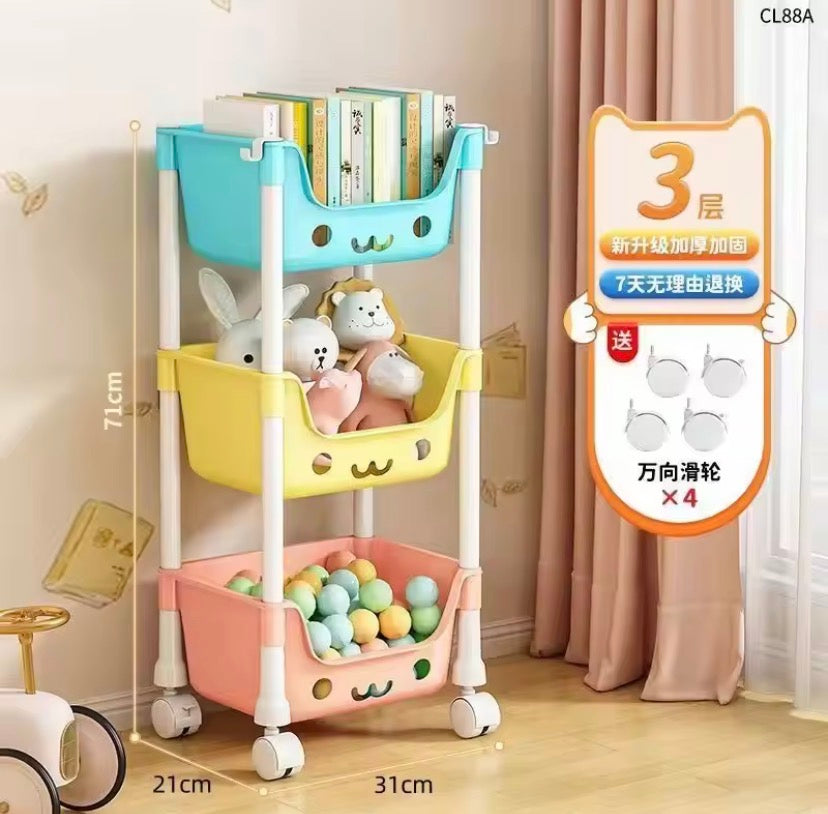 3 Layer Bookshelf Kids Trolley, Moveable Trolley For Toys, Kids Bathroom Accessories Trolley Organizer