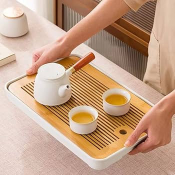 Wooden Kitchen Dish Drying Rack with Water Tray, Wooden Dish Drainer with Removable Water Tray, Bamboo Style Dish Drying Tray