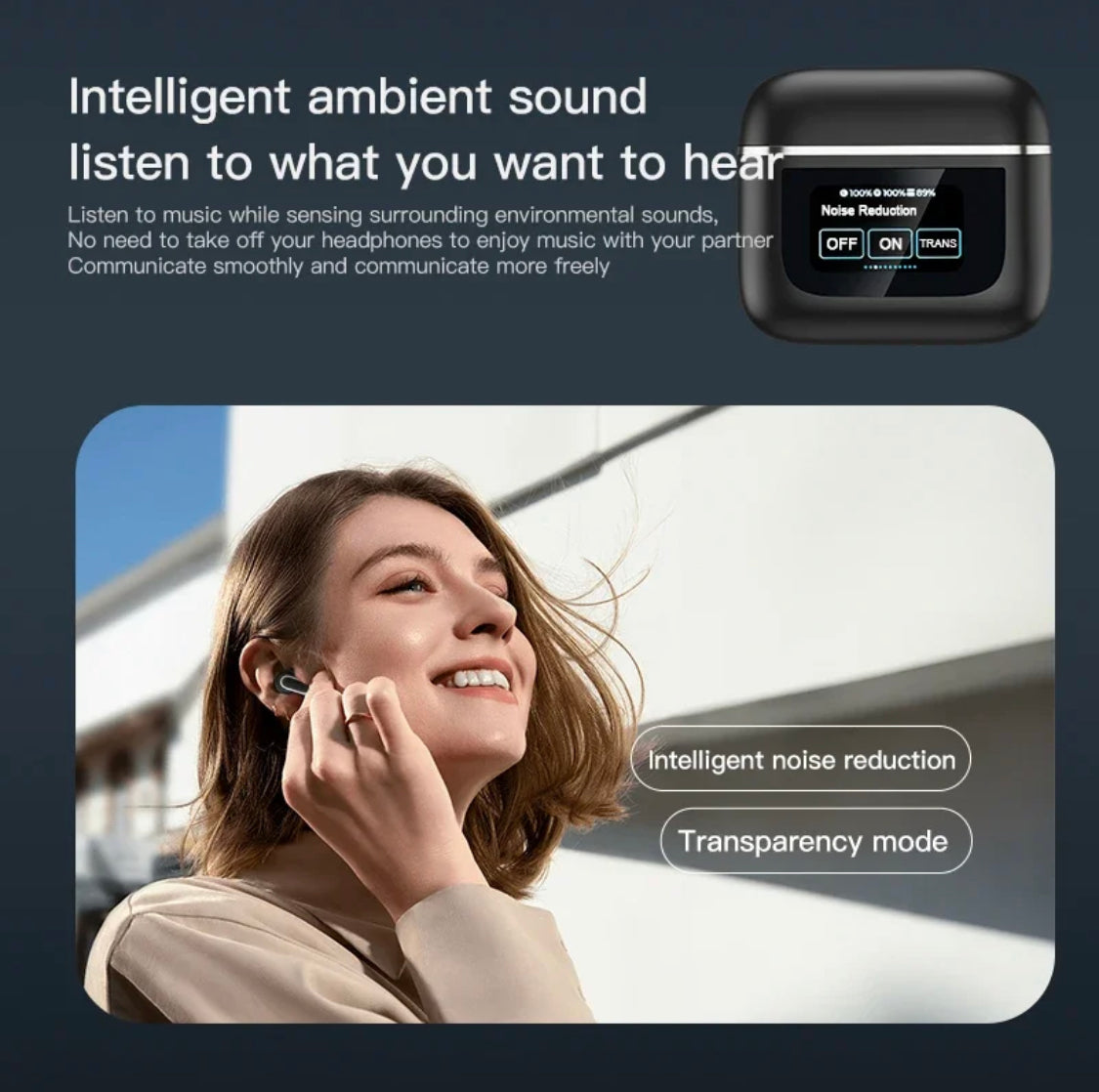 LCD Touch Screen EarBuds, Bluetooth Touch Control Noise Reduction EarBuds, Digital Wireless Bluetooth Earphones