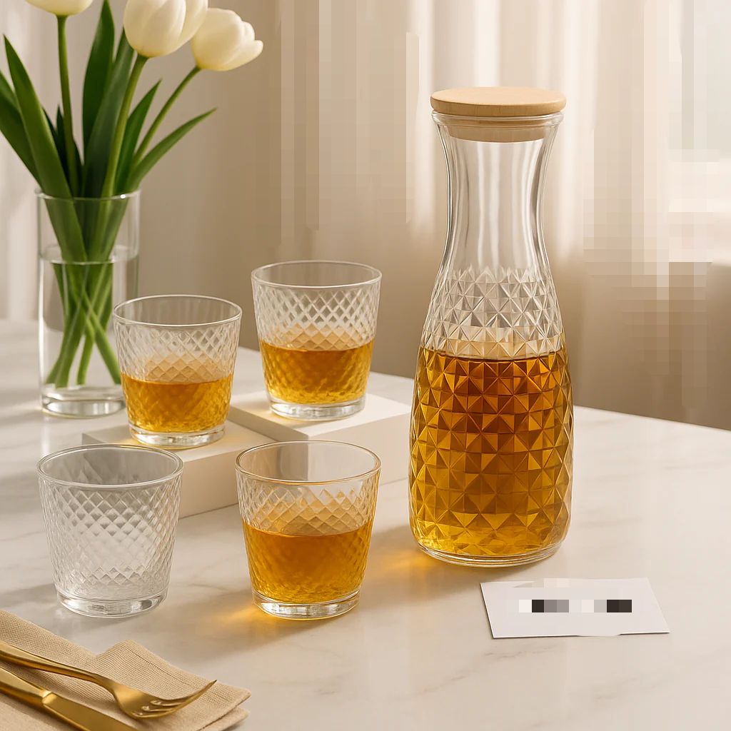 Diamond Cut 6pcs Glass Set With Jug, Crystal Design Beverage Serving Set, 6pcs Premium Glass Set With Jug