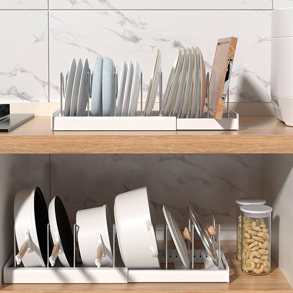 Expandable Pans Organizer Rack, Adjustable 7 Compartments Dish Storage Rack, Pot Lid Organizer, Kitchen Utensils Rack