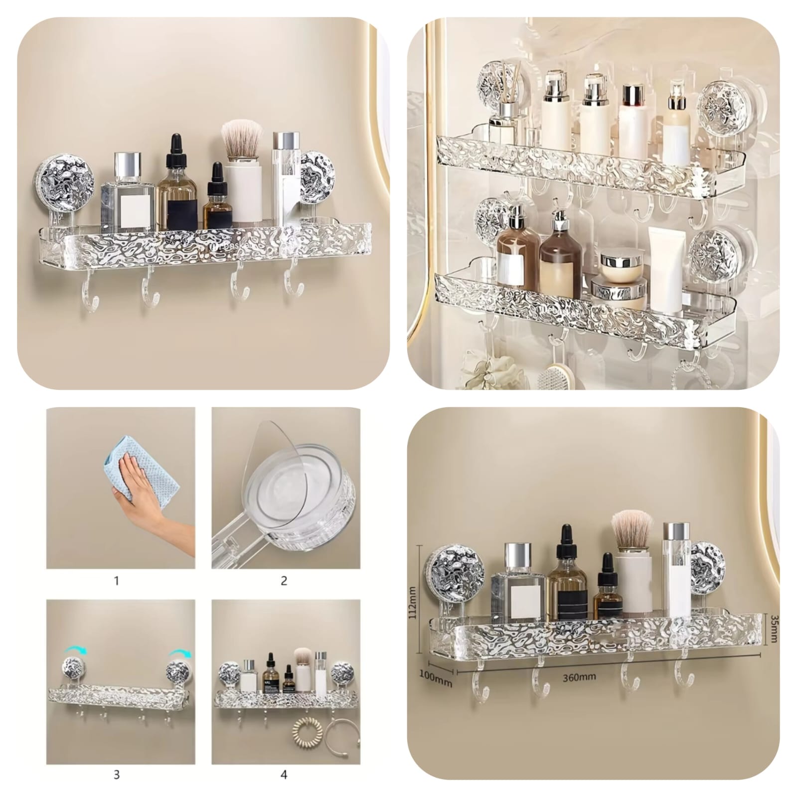 Bathroom Quadrate Shelf, Wall Mounted Bathroom Storage Organizer, Transparent Bathroom Storage Rack