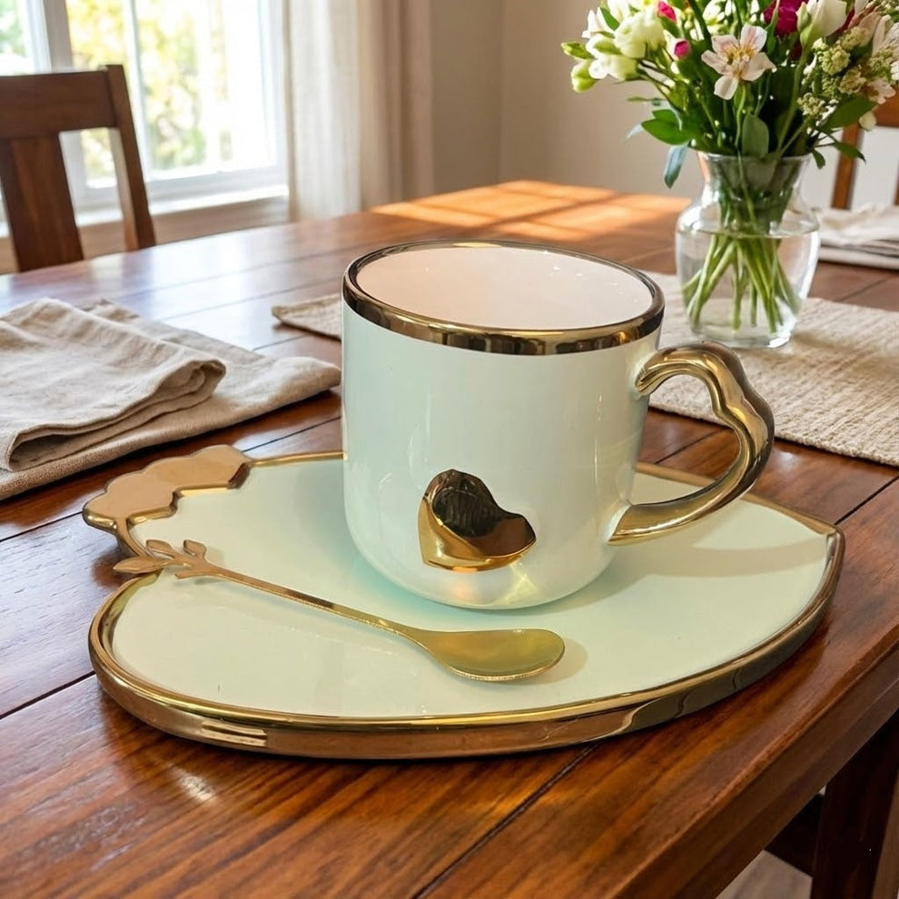 Luxury Heart Shape Ceramic Coffee Mug With Tray, Ceramic Cup And Saucer, 1Pc Home Exquisite Coffee Cup With Saucer