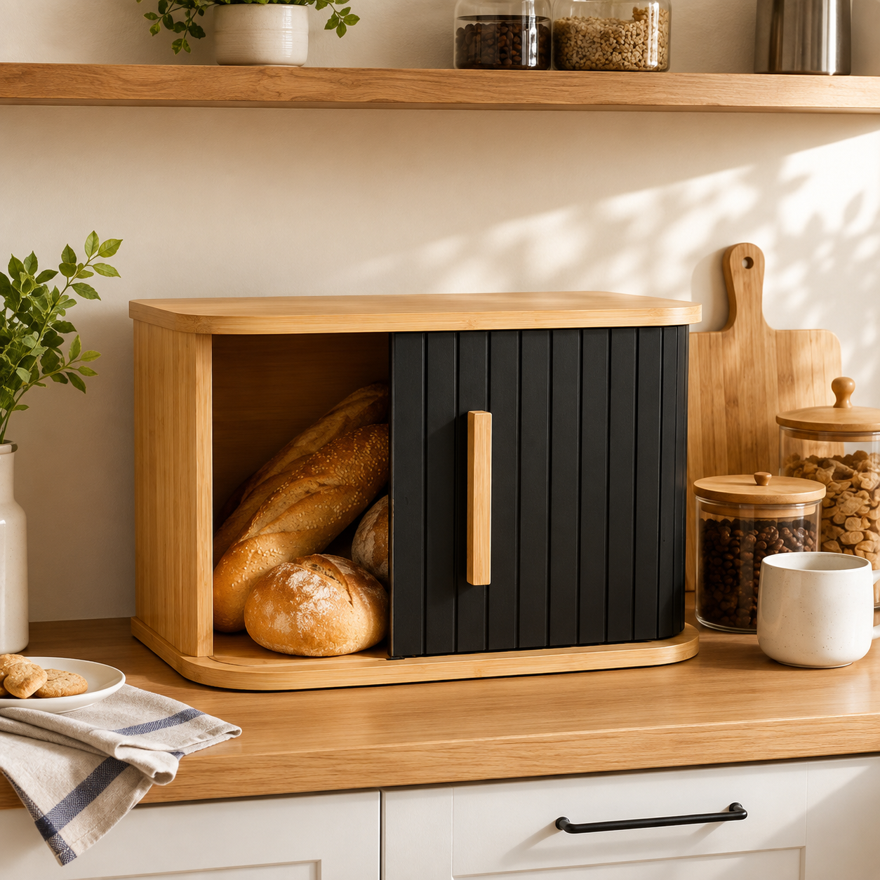 Bamboo Bread Container With Sliding Door, Countertop Wooden Bread Storage Box, Premium Wooden Bread Storage Container